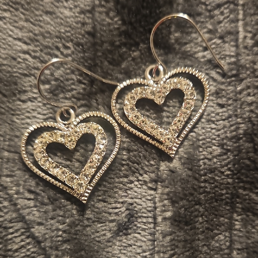 Silver Heart Crystal Drop Earrings - Women Jewelry